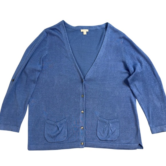 J. Jill Blue Linen Blend Roll Tab Sleeve Button Front Cardigan Sweater 1X - Picture 2 of 10